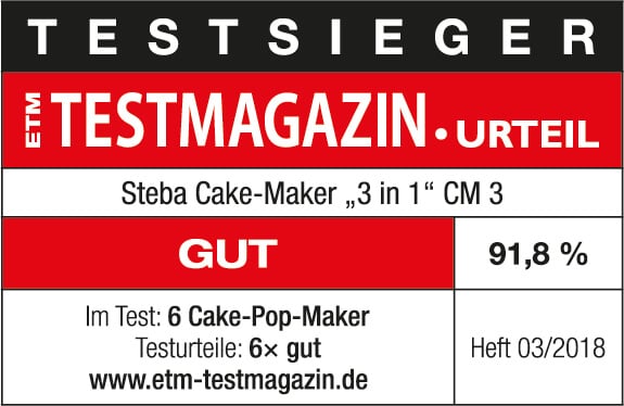 Testlogo für den Steba Cake-Maker „3 in 1“ CM 3 mit Urteil „Gut“ (91,8 %) von ETM Testmagazin, Heft 03/2018.