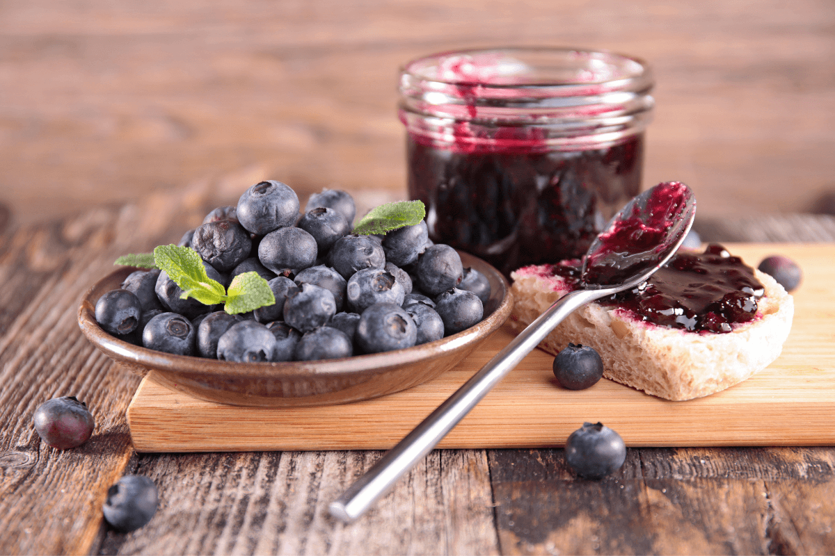 Schüssel mit frischen Heidelbeeren, daneben ein Glas Heidelbeer-Schoko-Aufstrich und ein Stück Brot mit Aufstrich.