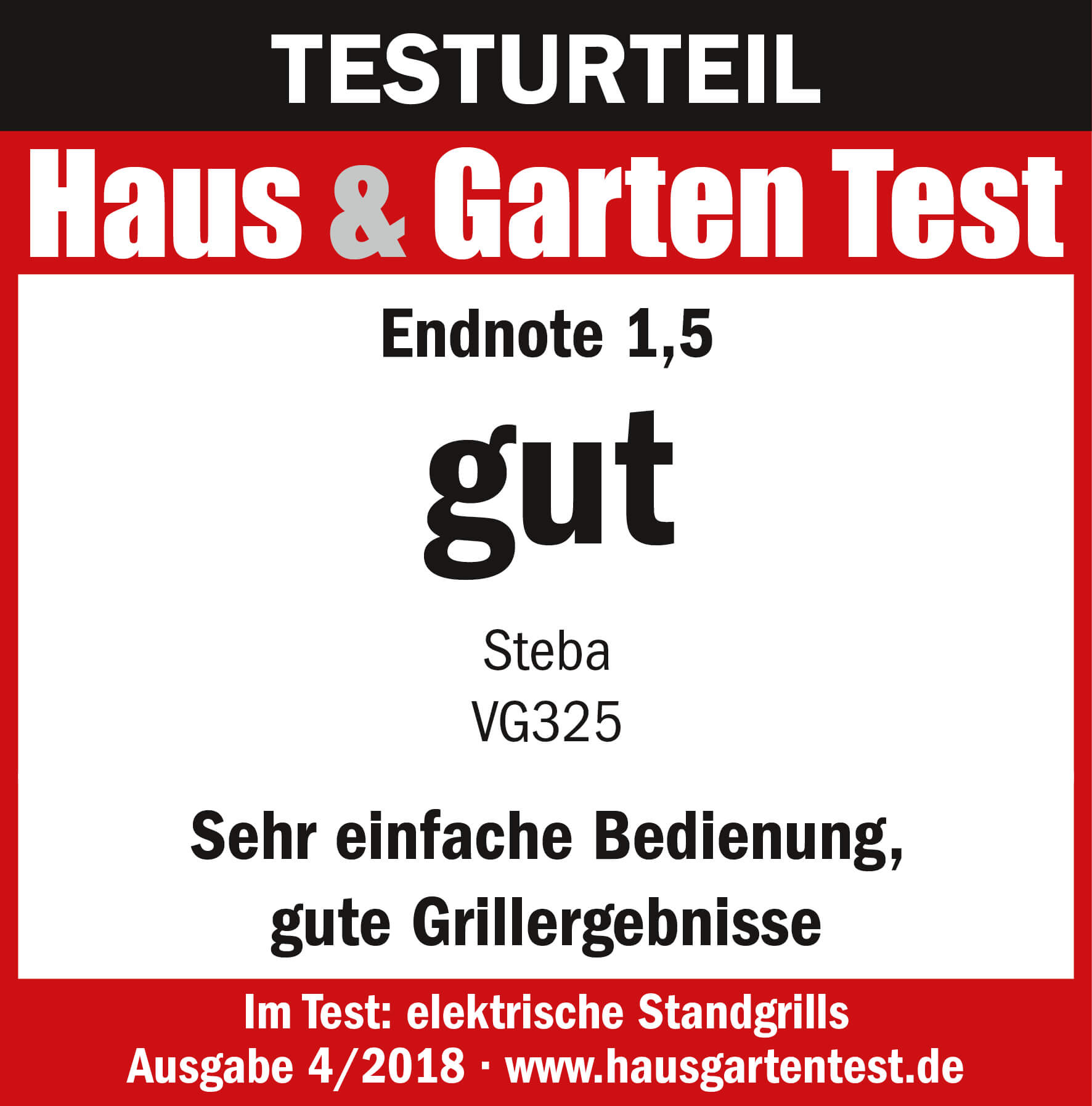 Testlogo für den Steba VG325 mit Endnote 1,5; bewertet als „gut“ für einfache Bedienung und gute Grillergebnisse.