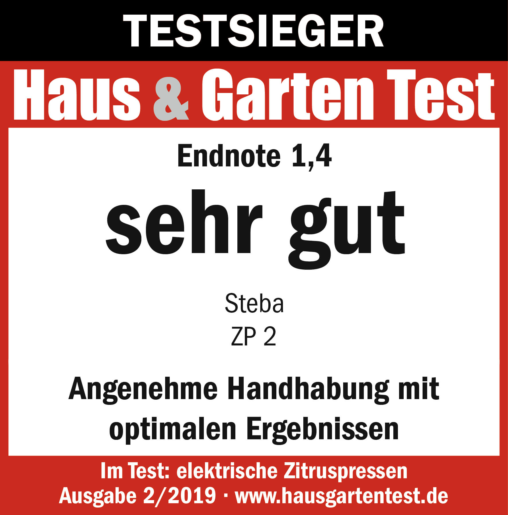Testlogo für die Steba ZP 2 Zitruspresse mit Endnote 1,4, ausgezeichnet mit „sehr gut“ für angenehme Handhabung.