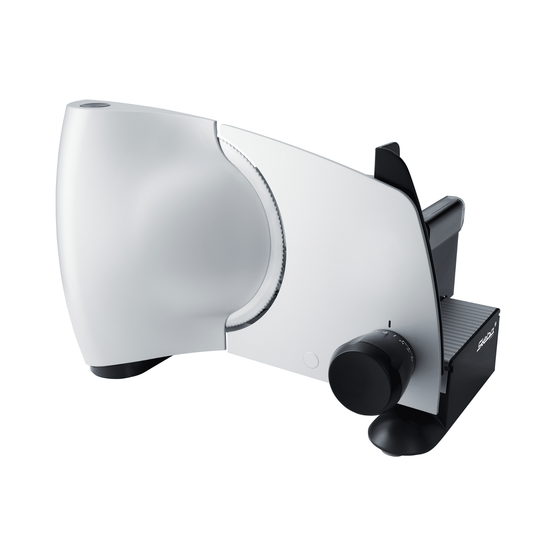 Allesschneider von Steba mit eleganter, weißer Oberfläche und verstellbarem Schalter für die Schnittstärke.