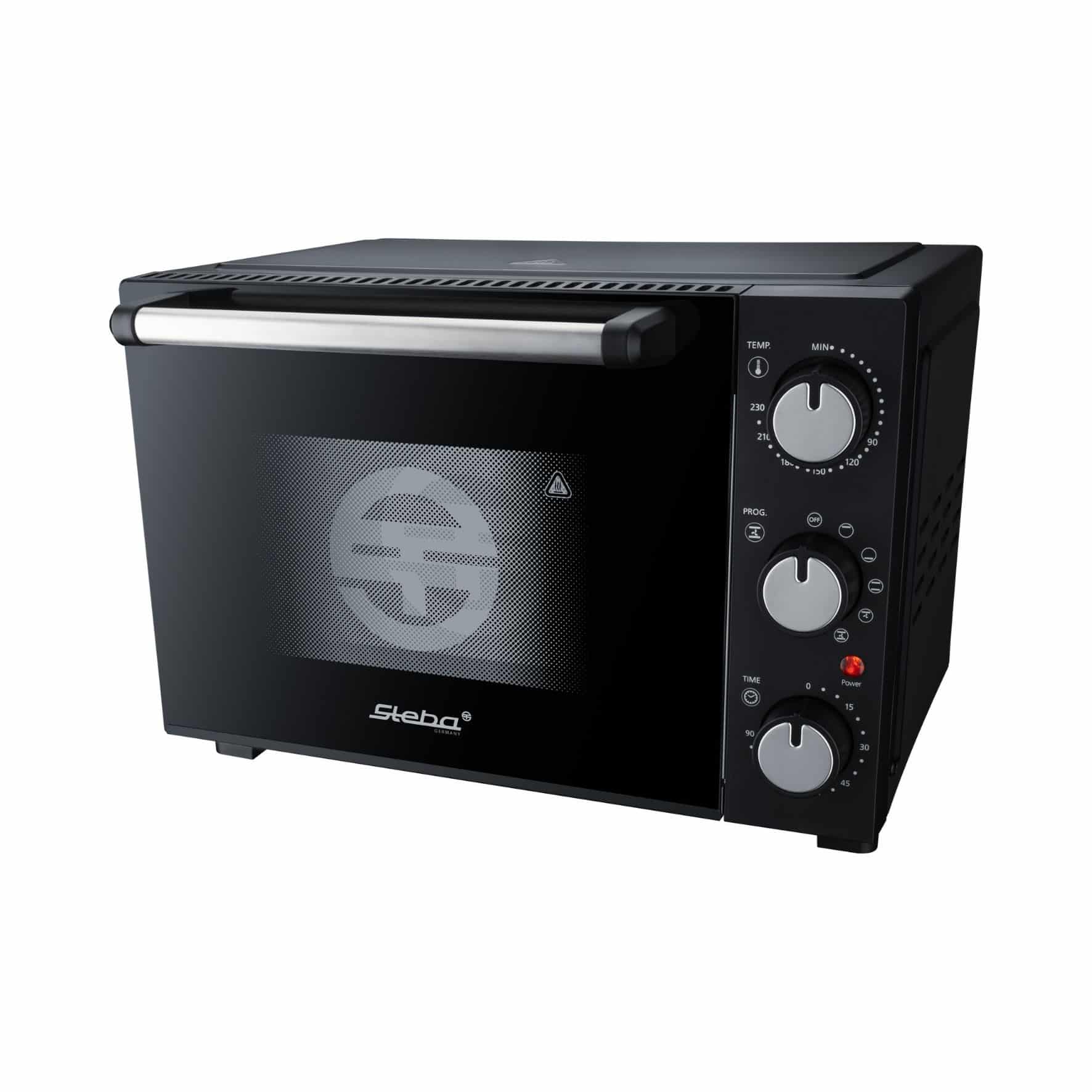 Steba KB M19 Backofen in Schwarz mit Drehknöpfen für Temperatur, Programm und Zeit, elegantes Design und Sichtfenster.