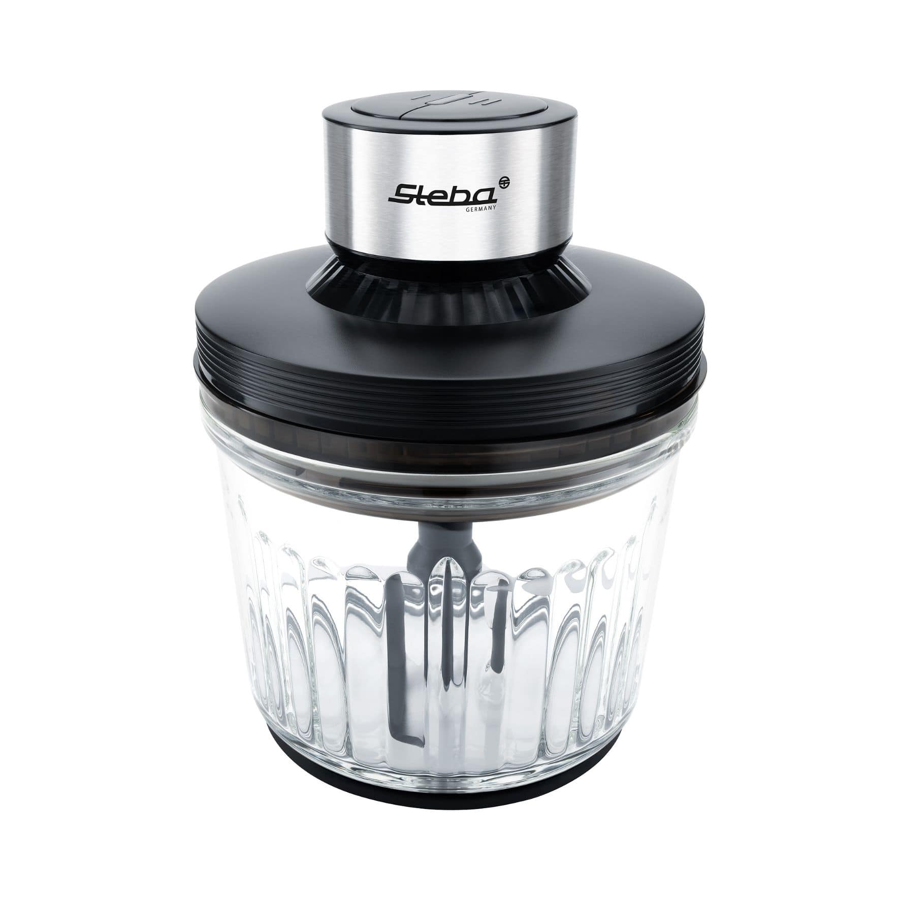 Steba MG 400 Multi Zerkleinerer mit transparentem Glasbehälter und Edelstahl-Oberteil, ideal zum Zerkleinern von Lebensmitteln.