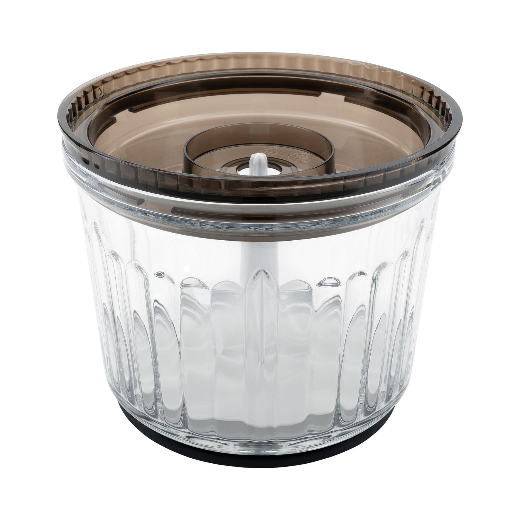 Zerkleinerer-Behälter mit Deckel, transparentes Material, strukturiertes Design, ideal für vielseitige Küchenanwendungen.