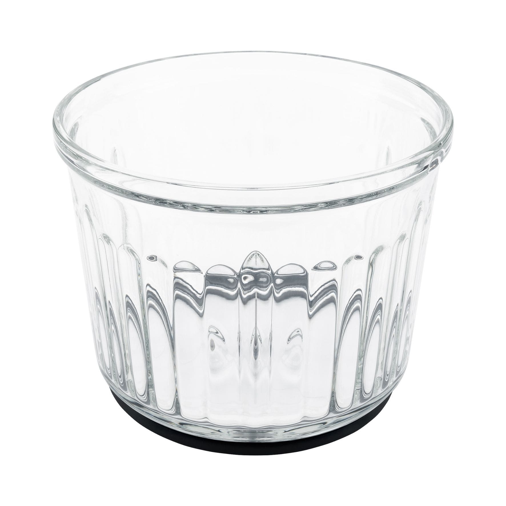 Transparenter Glasbehälter mit strukturierter Oberfläche und schwarzem Silikonboden, ideal für Zerkleinern und Aufbewahren.