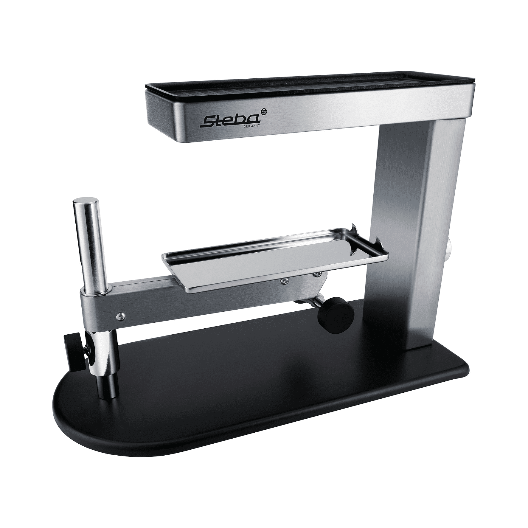 Steba Raclette-Grill mit Edelstahl-Oberfläche und praktischer Ablage, ideal für gesellige Abende.