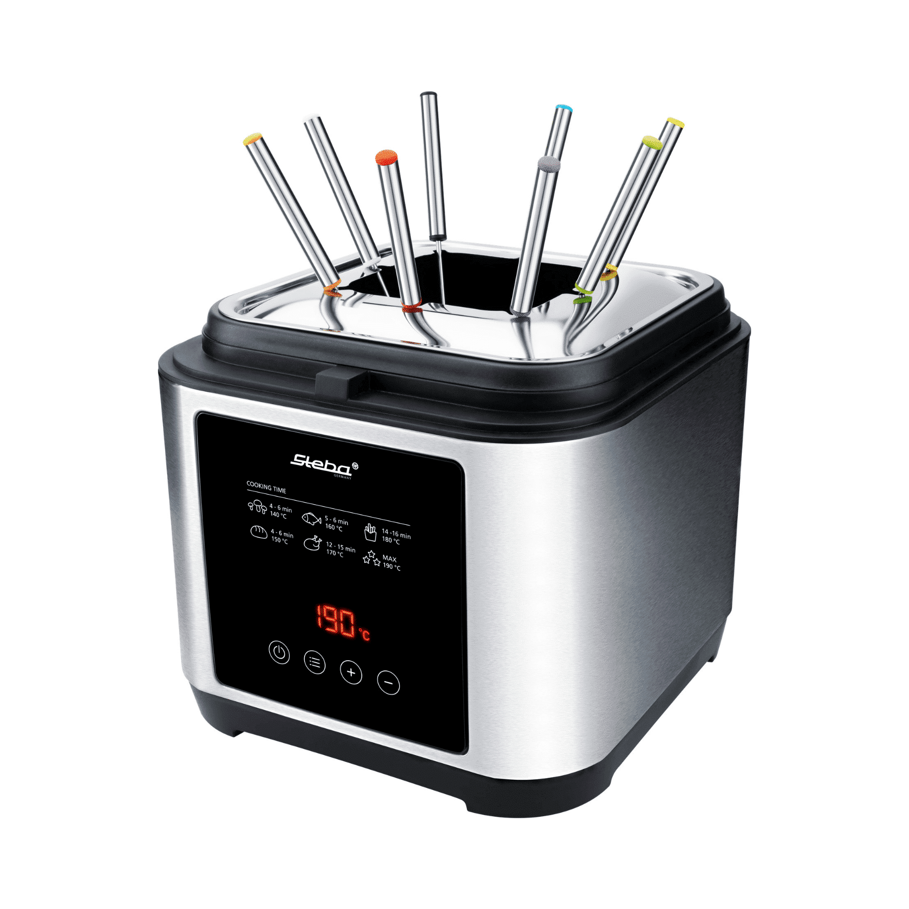 Steba DF150F Fritteuse mit Edelstahl-Gehäuse, digitalem Display und sechs Frittierstäben. Temperatur bis 190 °C einstellbar.