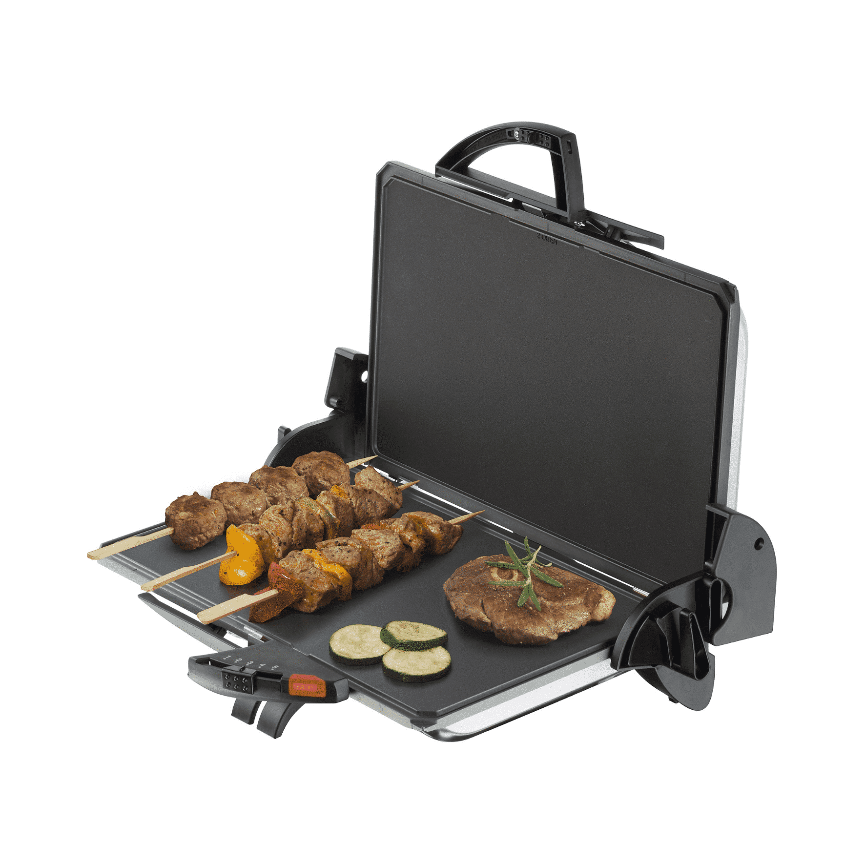 Kontaktgrill von Steba mit Grillfläche, auf der Spieße und Fleischstücke zubereitet werden. Antihaftbeschichtung, handlich und kompakt.