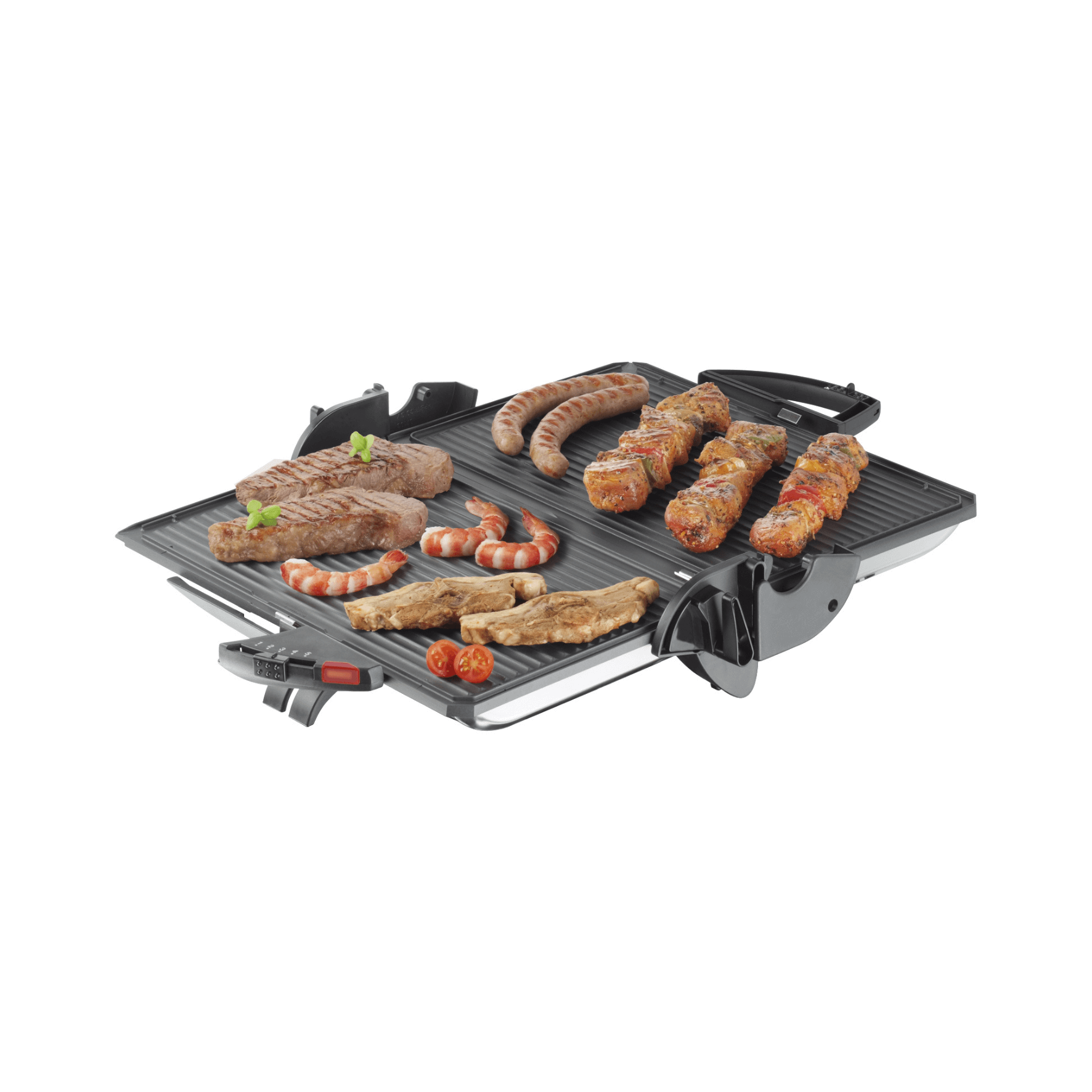 Kontaktgrill von Steba mit Grillfläche, belegt mit Steaks, Würstchen, Garnelen und Gemüse. Ideal für vielseitiges Grillen.
