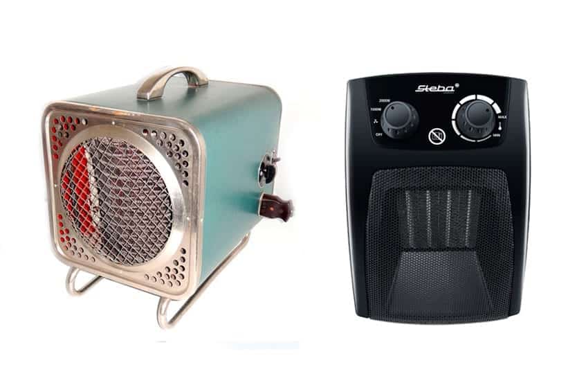 Zwei Heizgeräte: links ein vintage Heizlüfter mit Metallgitter und Tragegriff, rechts ein moderner Steba Heizlüfter mit Drehreglern.