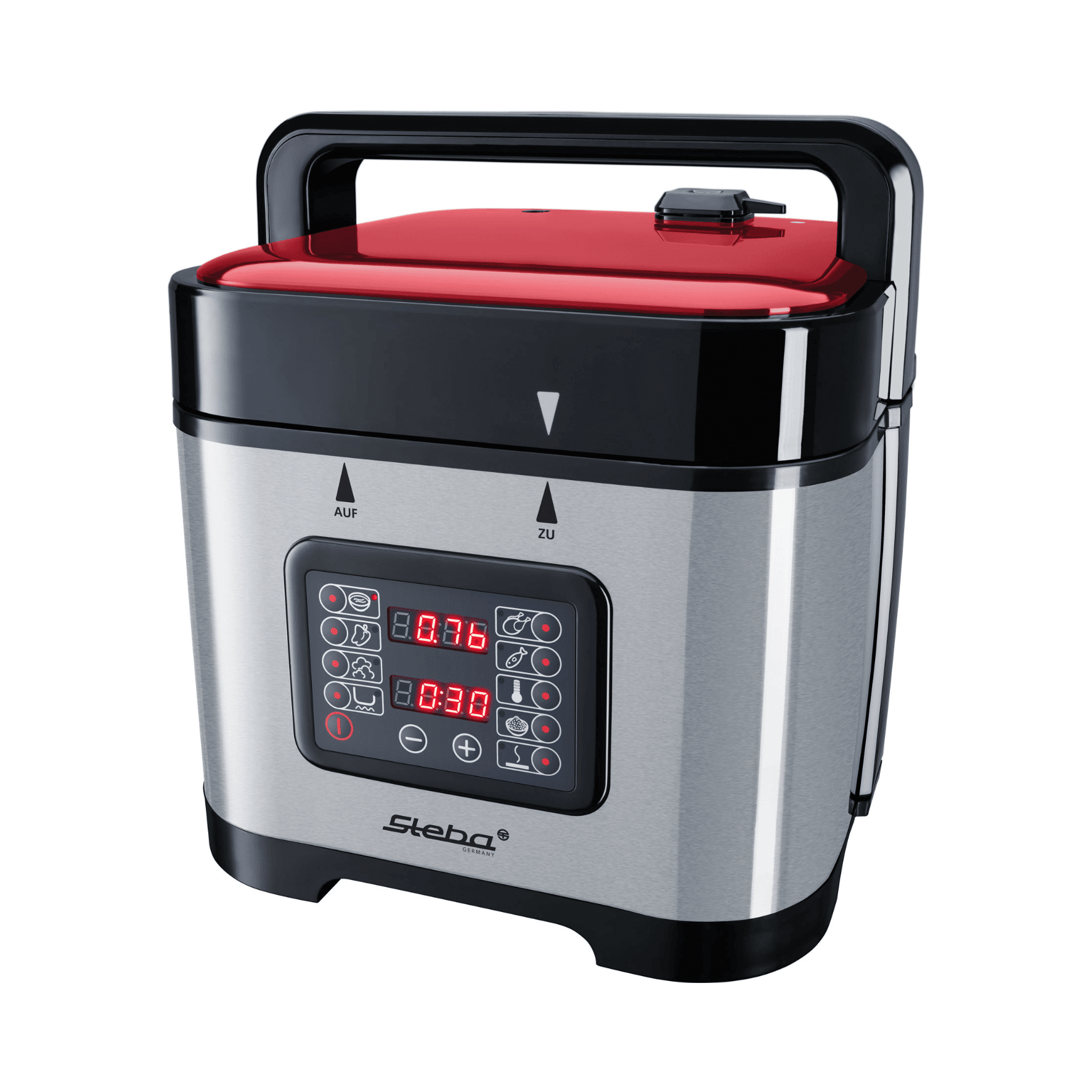 Multikocher von Steba mit digitalem Display, Edelstahl-Gehäuse und rotem Deckel. Ideal für vielfältige Kochanwendungen.