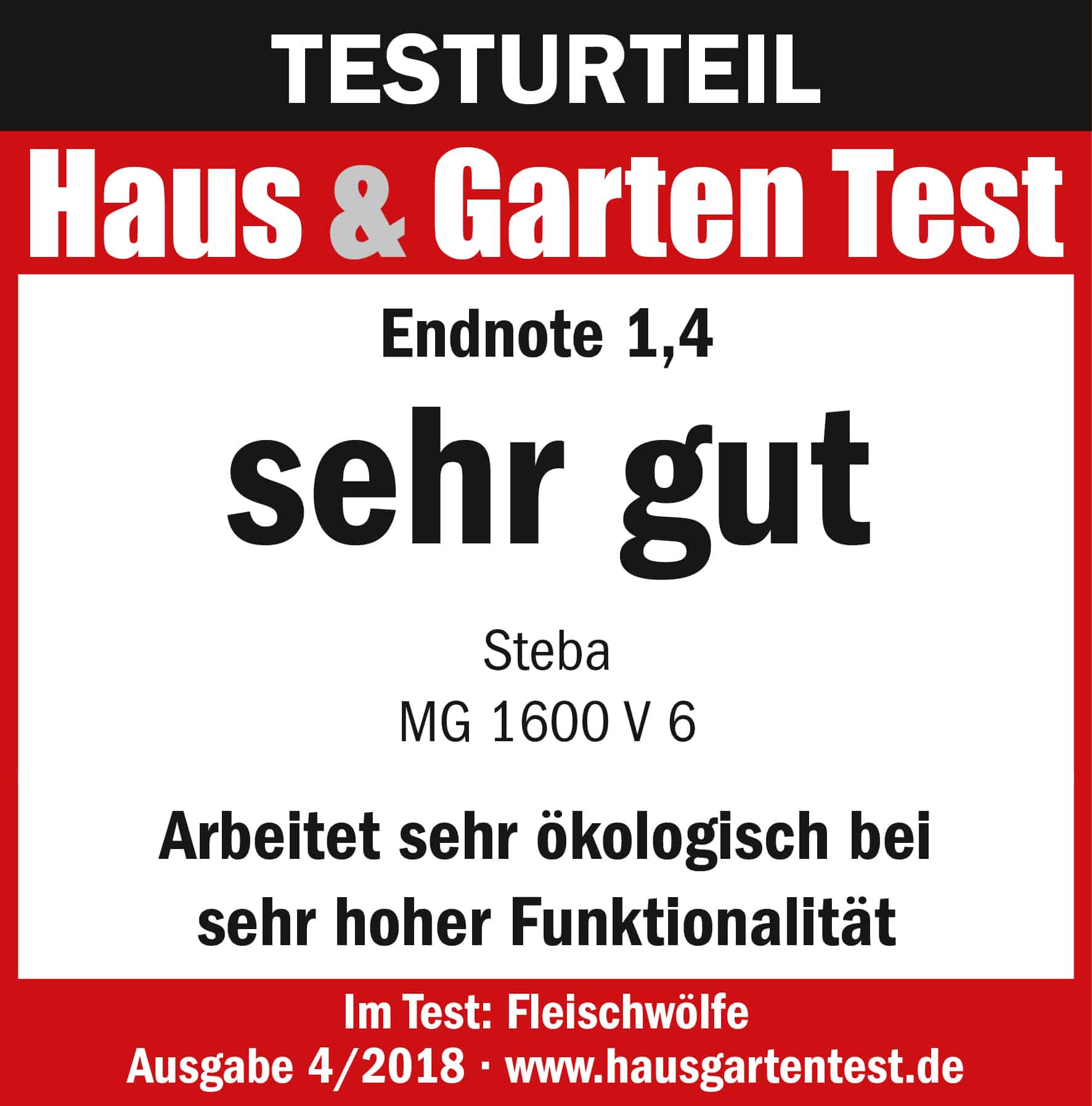 Testlogo für Steba MG 1600 V 6 mit Endnote 1,4. Bewertung: sehr gut, ökologisch und funktional. Ausgabe 4/2018.