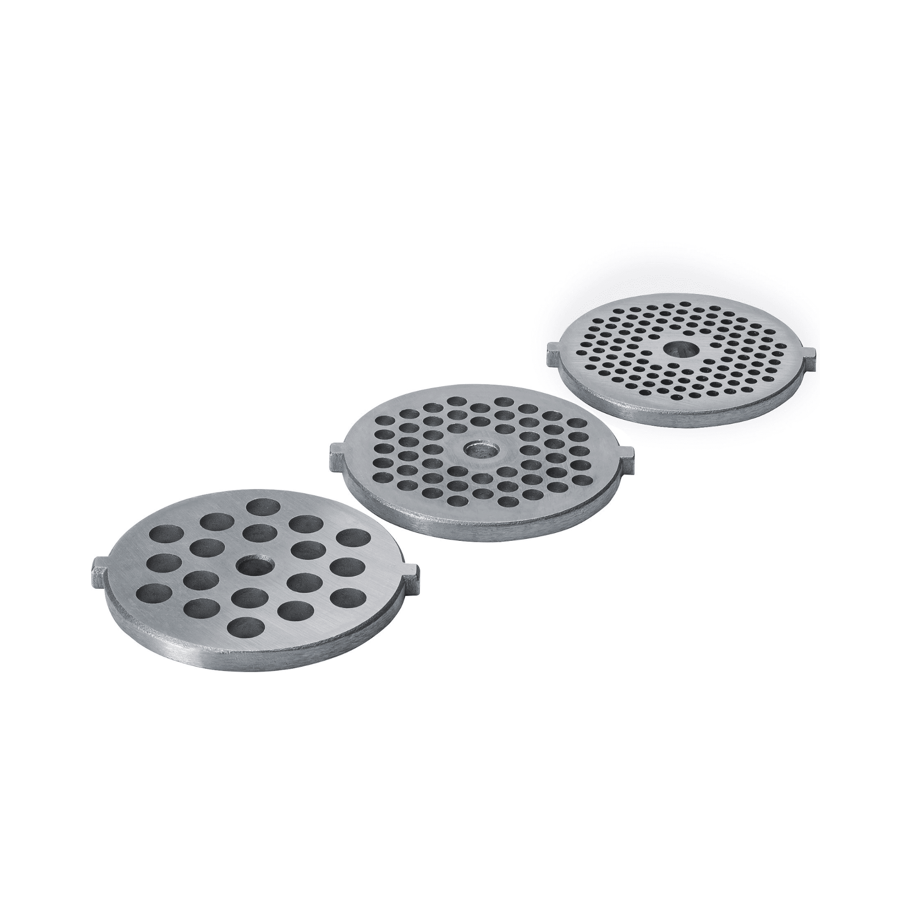Drei Lochscheiben aus Metall für den Steba Fleischwolf MG1600, mit unterschiedlichen Lochgrößen für variierende Mahlgrade.