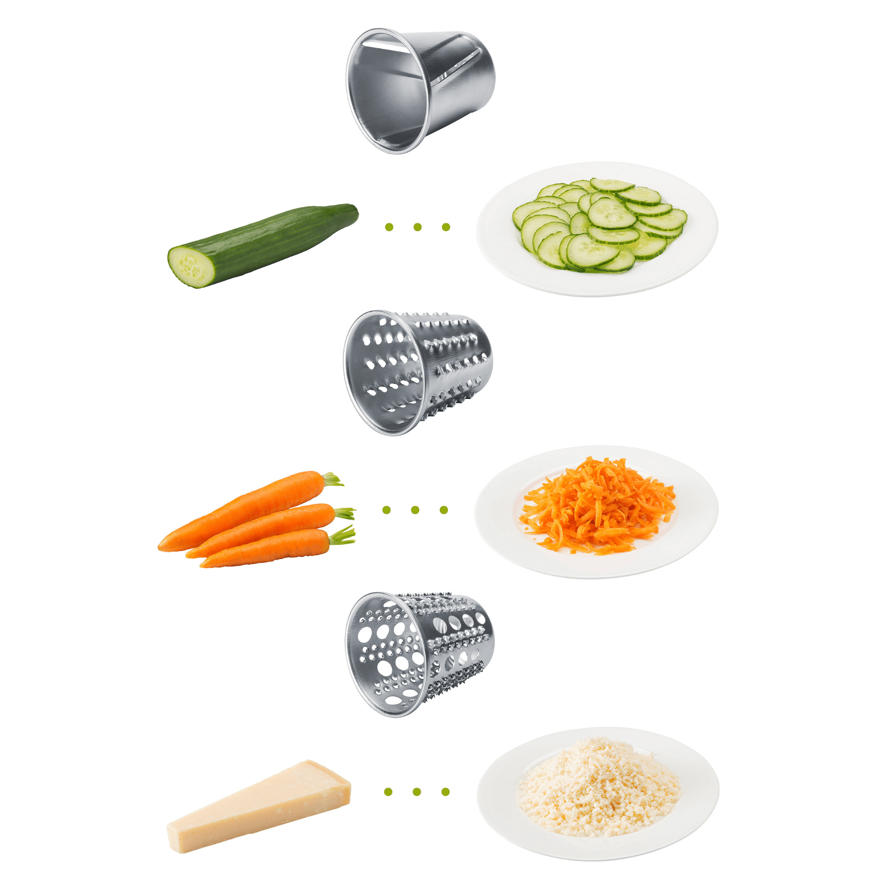 Multireibe von Steba: Edelstahl-Reibeeinsätze für Gemüse, Käse und Obst. Enthält Zucchini, Karotten und Parmesan.