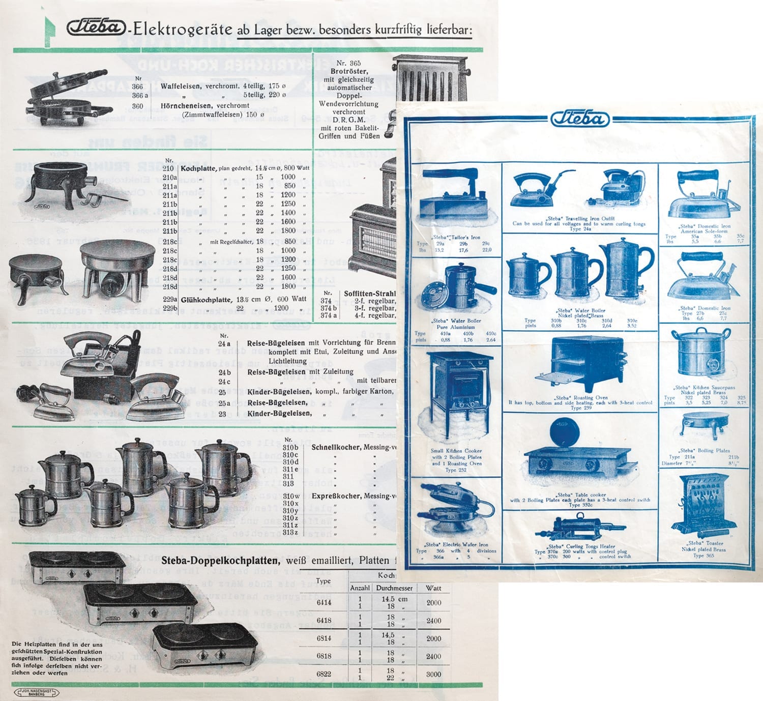 Katalogseiten von Steba aus 1936 mit Elektrogeräten wie Waffeleisen, Schnellkochern und Doppelkohlenplatten. Technische Details und Preise sind aufgeführt.