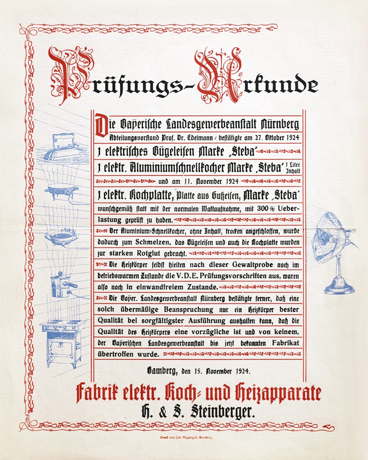 Prüfungsurkunde von 1924 für elektrische Geräte der Marke Steba, ausgestellt von der bayerischen Landesgewerbeanstalt Nürnberg.