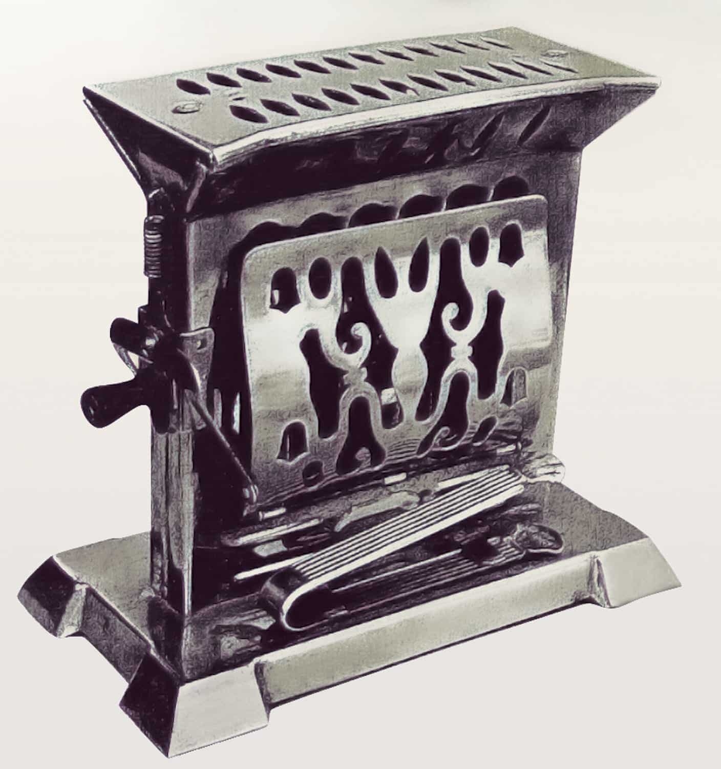Antiker Toaster aus Metall mit dekorativen Mustern, seitlicher Handkurbel und Ablage für Toastscheiben.