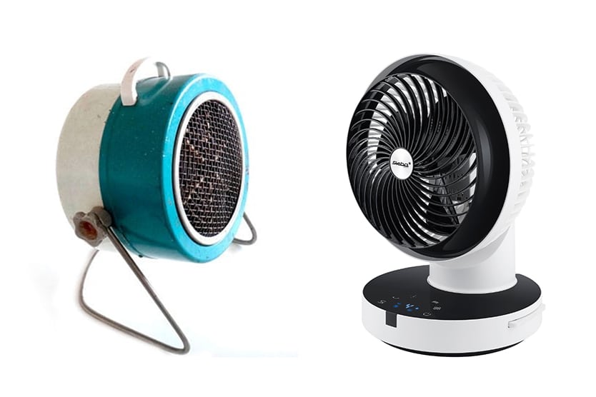 Zwei Ventilatoren: links ein vintage-blauer Heizlüfter mit Gitter und Standfüßen, rechts ein moderner, schwarzer und weißer Tischventilator mit Steuerung.