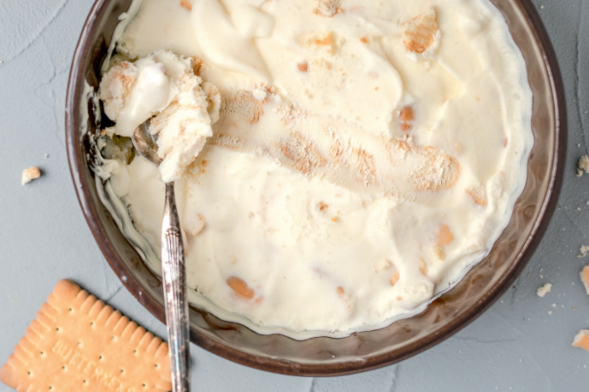 Schüssel mit Cheesecake-Eis, teilweise entnommen. Neben der Schüssel liegt ein Butterkeks.