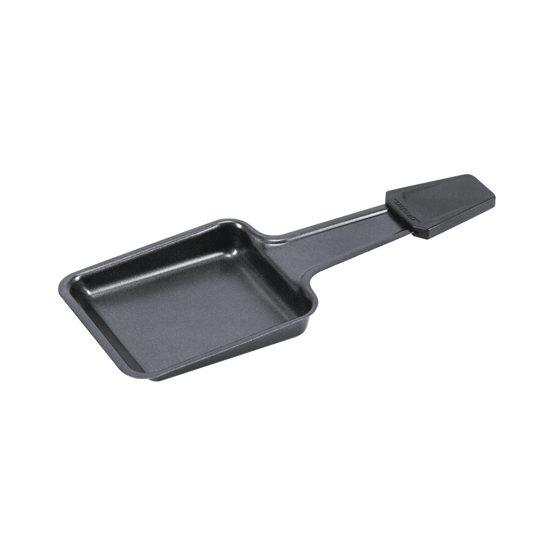 Kleines rechteckiges Raclette-Pfännchen aus robustem Material mit langem Griff, ideal zum Schmelzen von Käse.