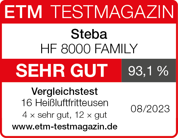 Testlogo für die Steba HF 8000 FAMILY mit Bewertung "SEHR GUT" (93,1 %) aus einem Vergleichstest von 08/2023.