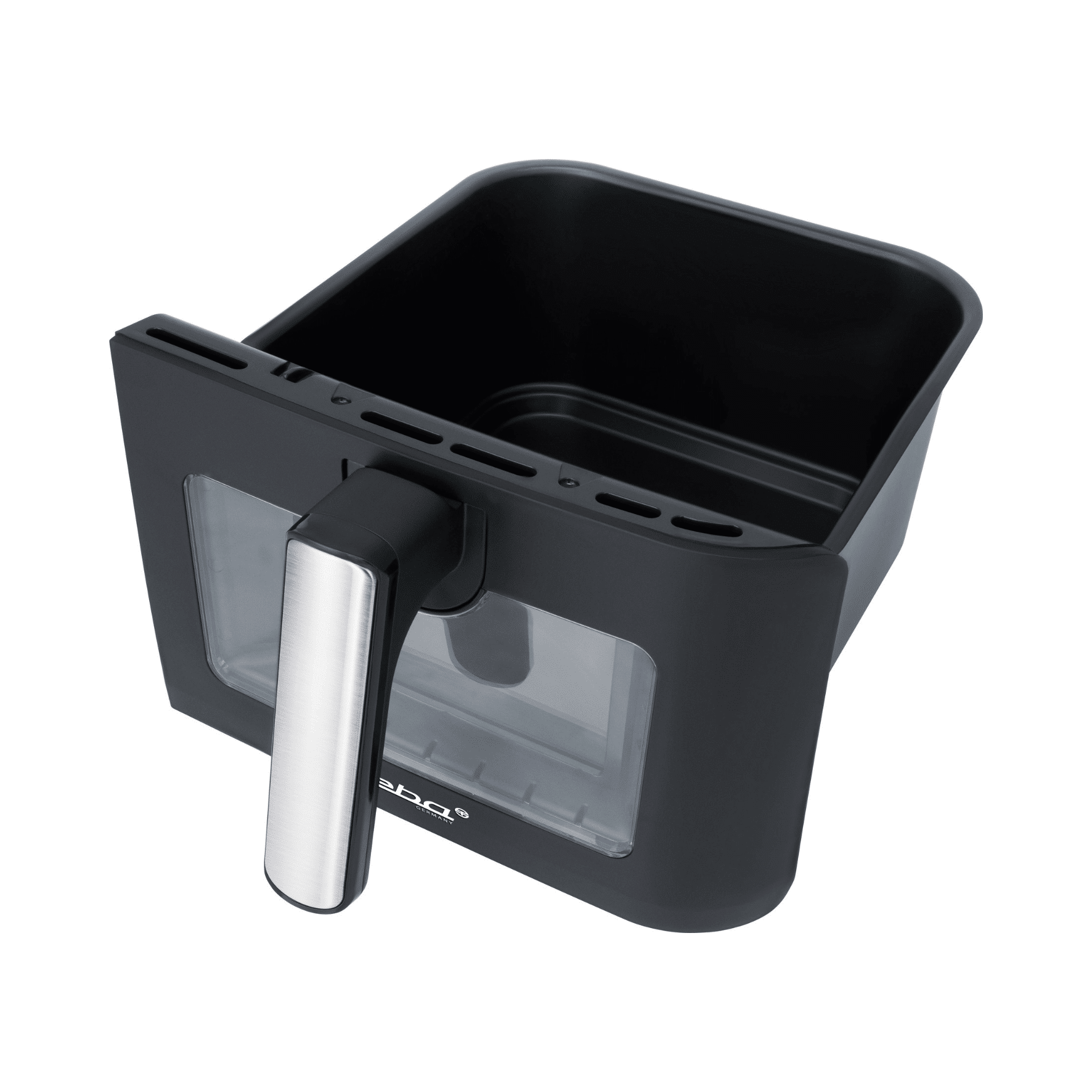 Schwarzer Frittierkorb für die Steba Heißluftfritteuse HF9500, mit transparentem Sichtfenster und ergonomischem Griff.