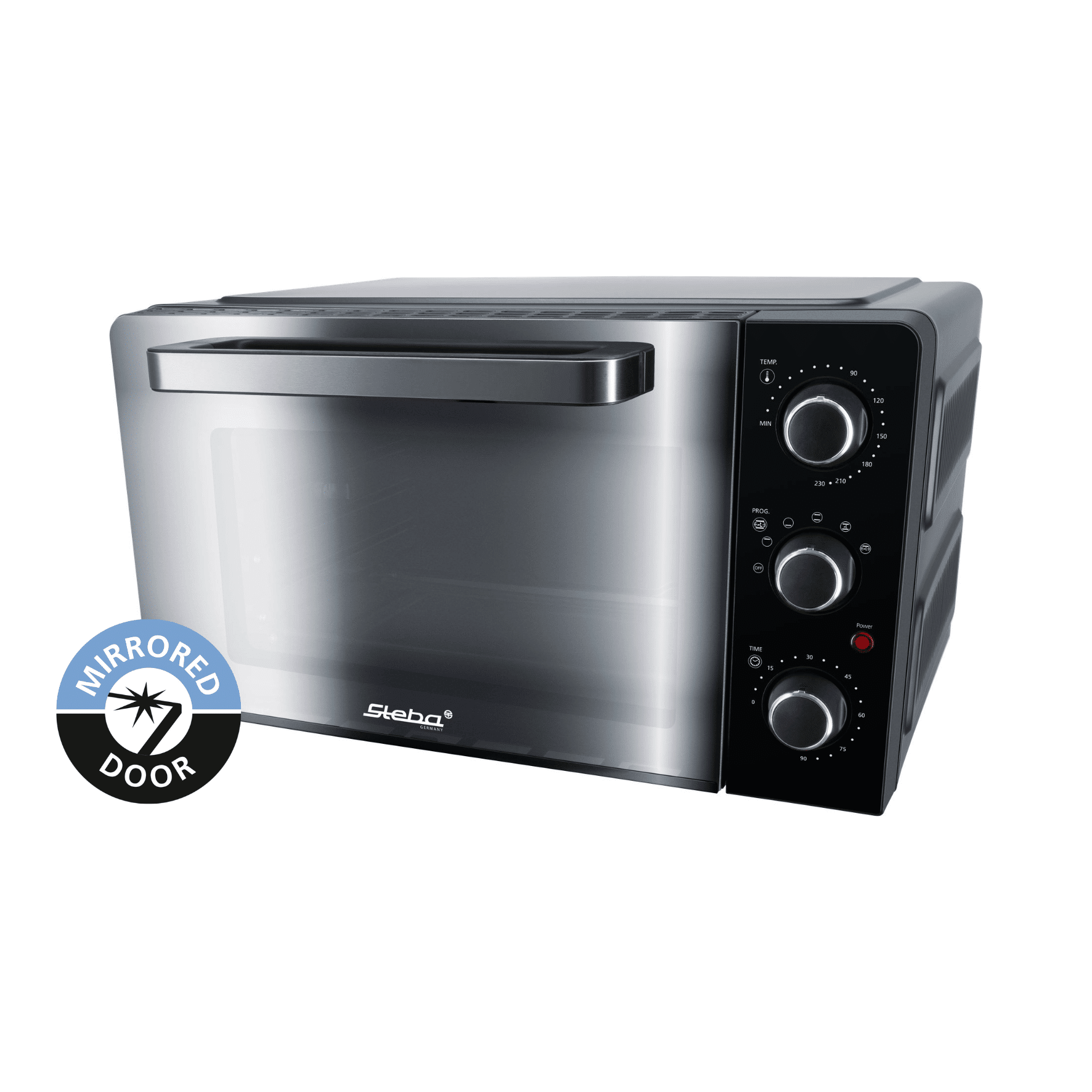 Steba Grillbackofen mit verspiegelter Tür und drehbaren Reglern für Temperatur und Zeit. Kompaktes, elegantes Design.