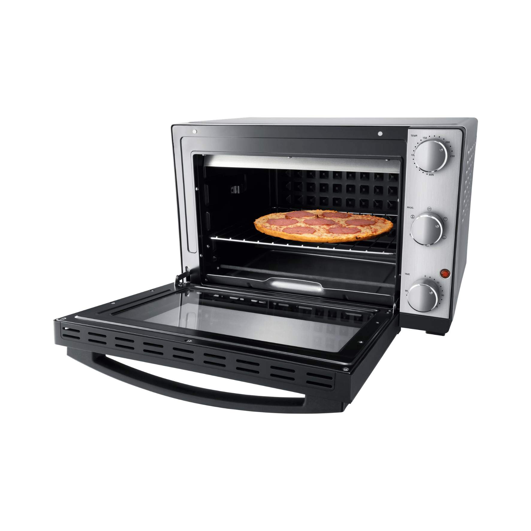 Grillbackofen von Steba mit offener Tür, Innenansicht zeigt eine Pizza auf dem Rost. Drehregler für Temperatur und Zeit.