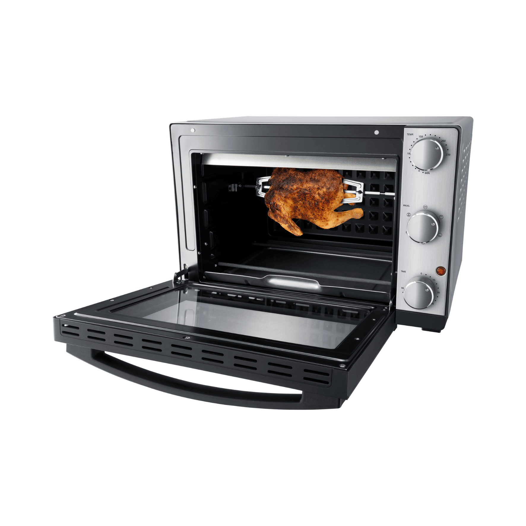 Grillbackofen von Steba mit rotierendem Spieß und gegrilltem Hähnchen, offene Tür, moderne Edelstahlfront.