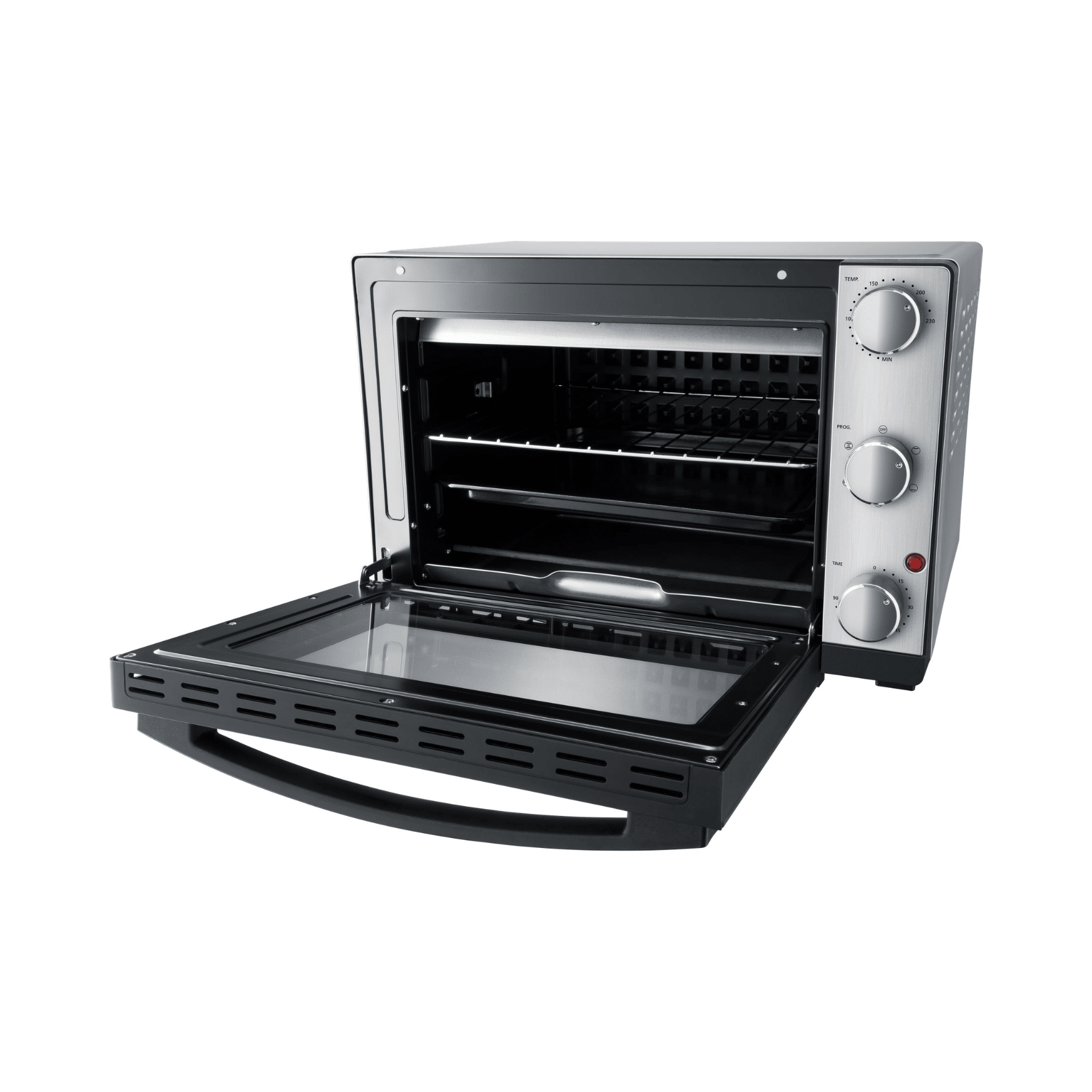 Offener Grillbackofen von Steba mit zwei Rosten, Drehreglern und Glastür für einfache Sichtkontrolle.