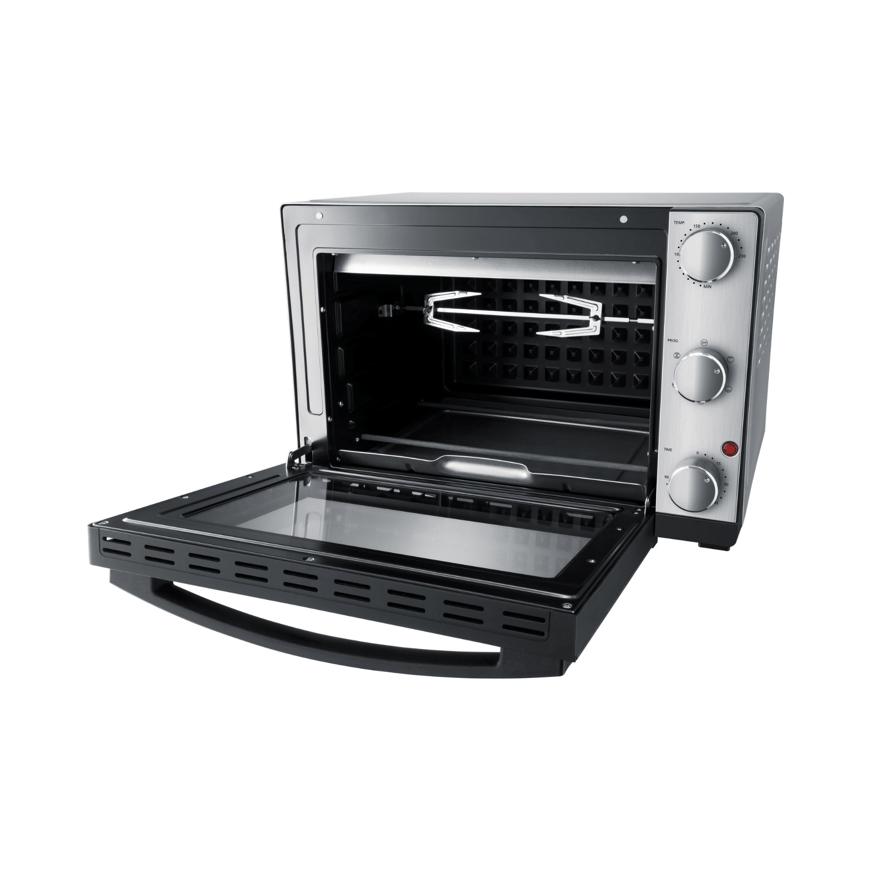 Steba KB324 Grillbackofen mit offenem Türdesign und Spießhalter. Robuste Bauweise mit intuitiven Bedienelementen.