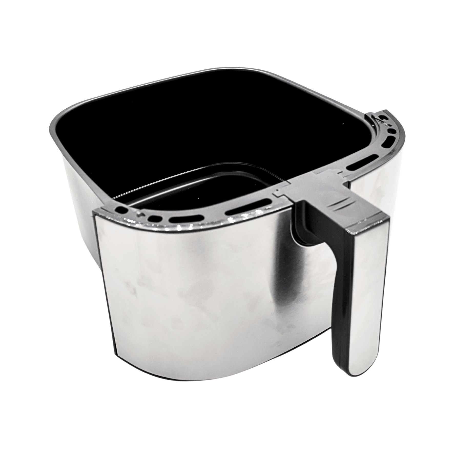 Topf für die Steba HF8000 Heißluftfritteuse, quadratische Form, Edelstahl und schwarzes Innenmaterial, mit Griff.