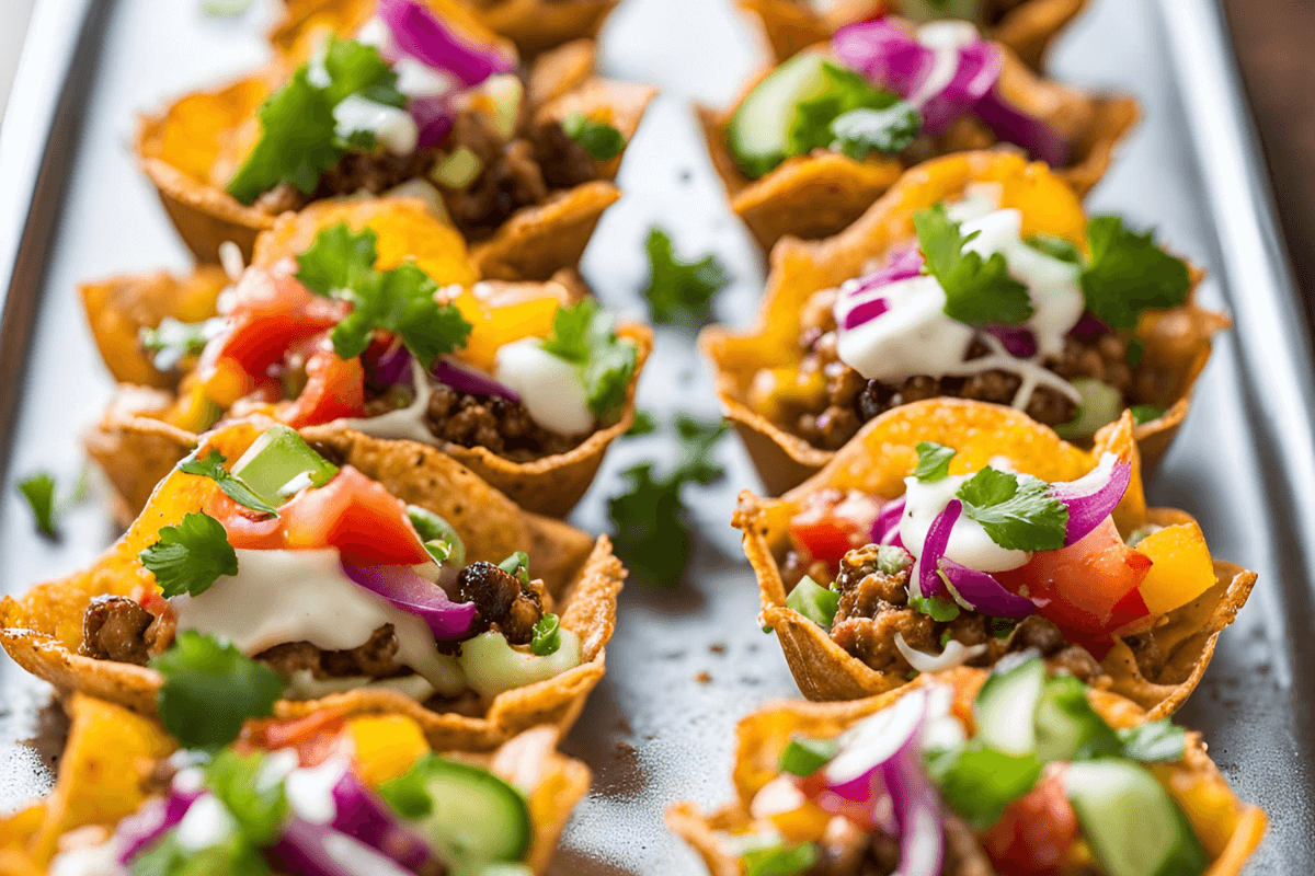 Taco Cups mit Hackfleisch, frischem Gemüse, saurer Sahne und Koriander in knusprigen Tortillabechern.