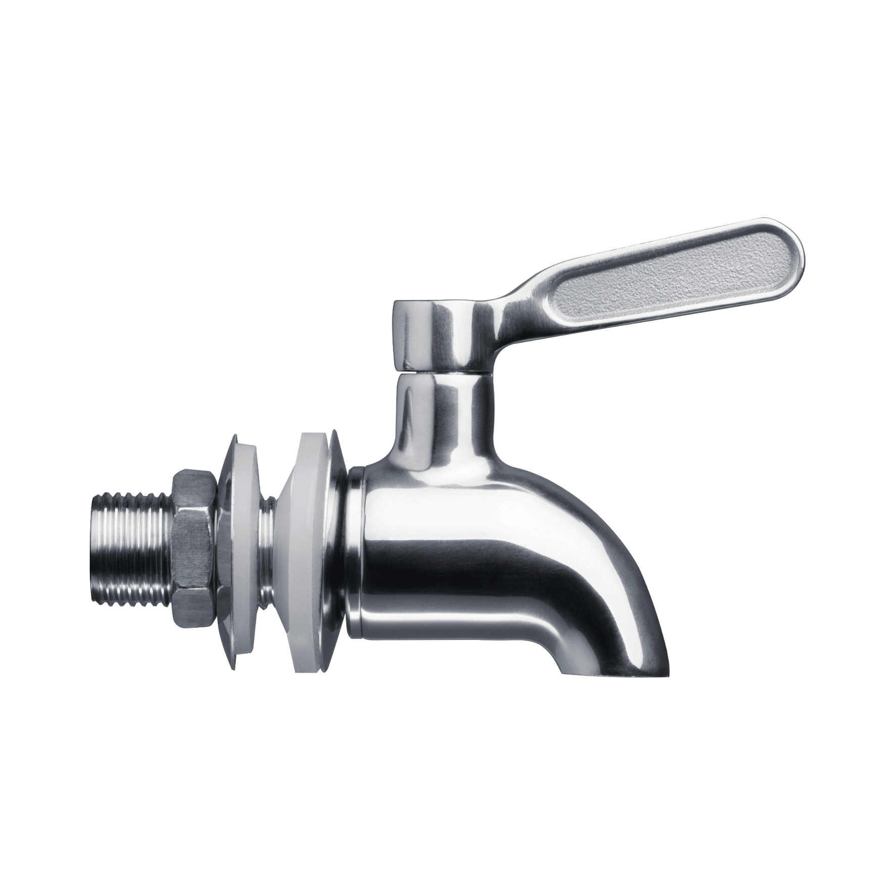 Edelstahlhahn für Einkocher von Steba mit Hebelbetätigung und Anschlussgewinde, robustes Design für einfache Handhabung.