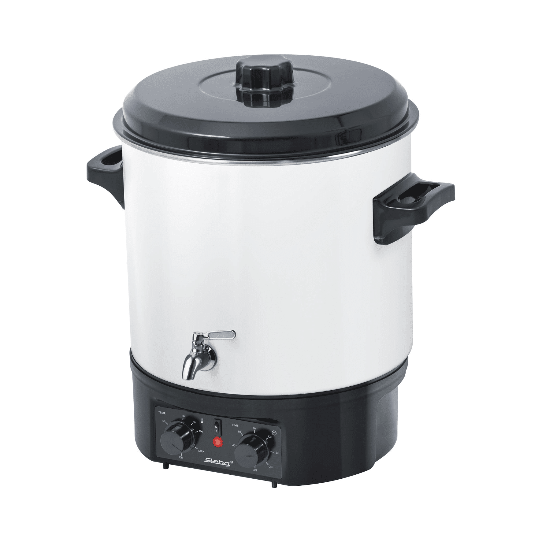 Einkocher von Steba mit einem weißen Gehäuse, schwarzen Griffen und Reglern. Ideal für das Erhitzen von Flüssigkeiten.