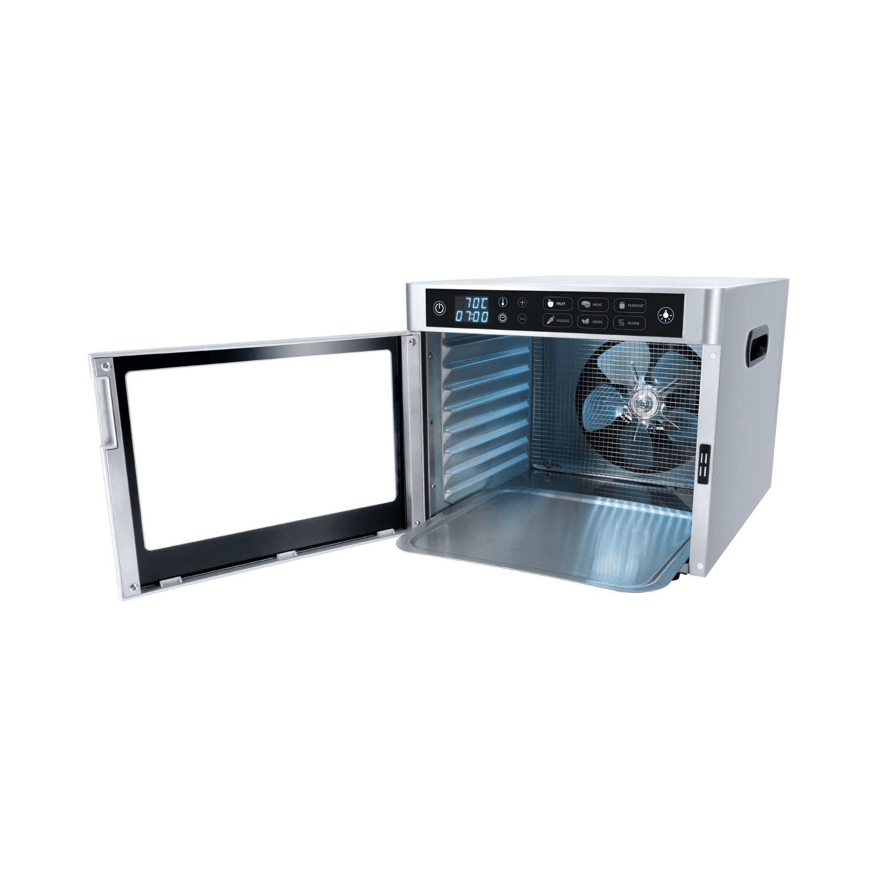 Dörrautomat Steba ED80, geöffnet, mit digitalem Display, Ventilator und Edelstahl-Innenraum.