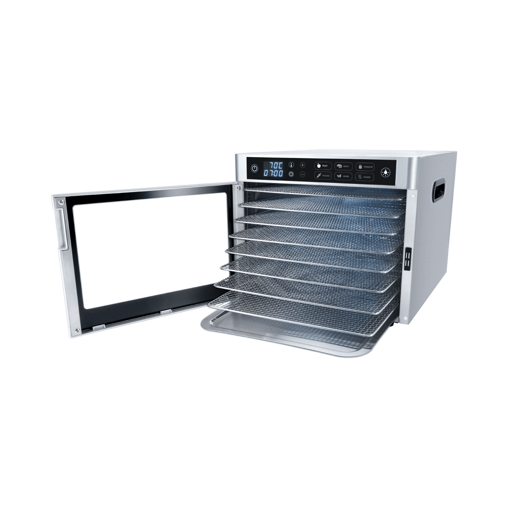 Dörrautomat von Steba, Modell ED80, mit offenem Gehäuse und mehreren Einsätzen für schonendes Trocknen von Lebensmitteln.