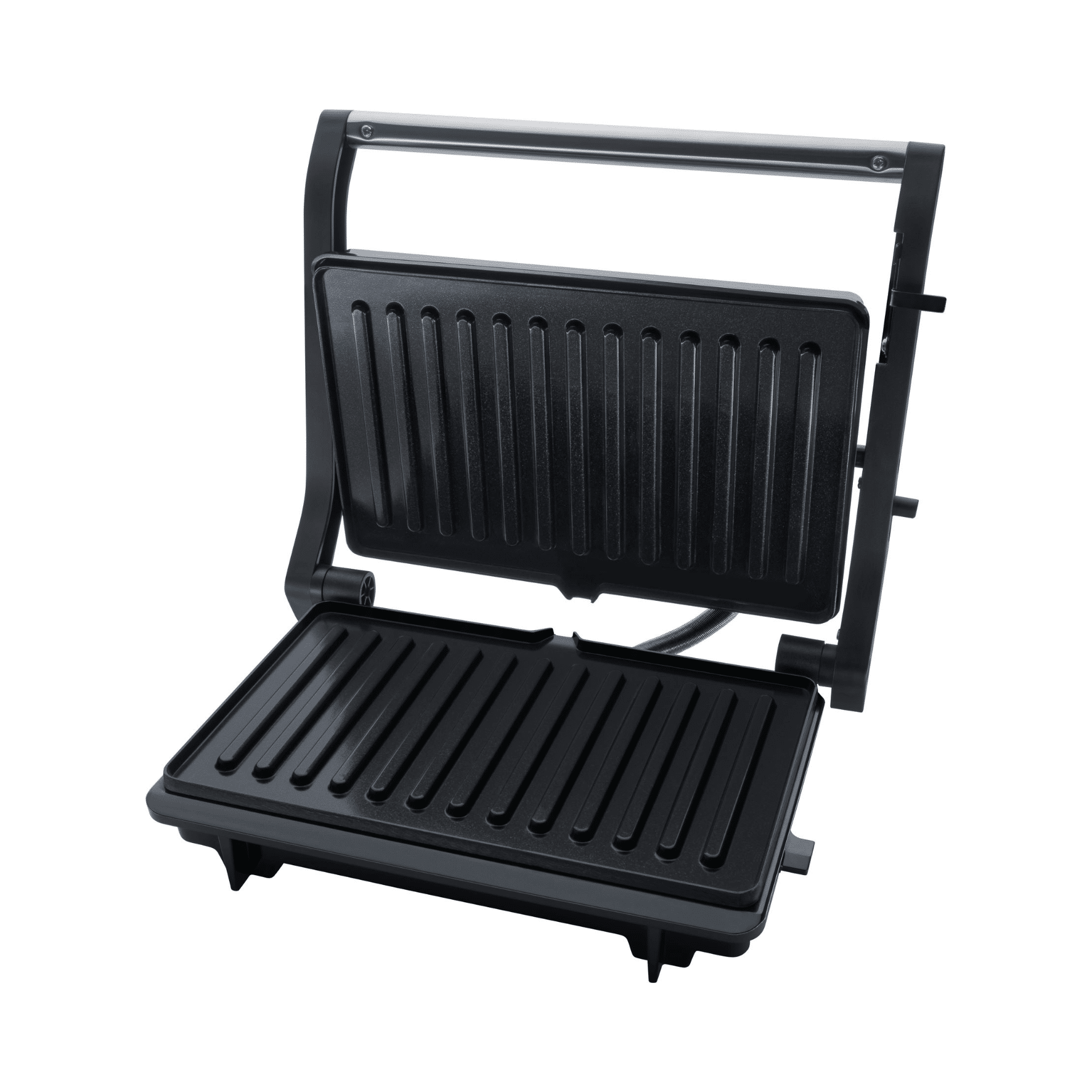 Offener Kontaktgrill von Steba mit geriffelten Grillplatten für gleichmäßiges Grillen und einfache Reinigung.