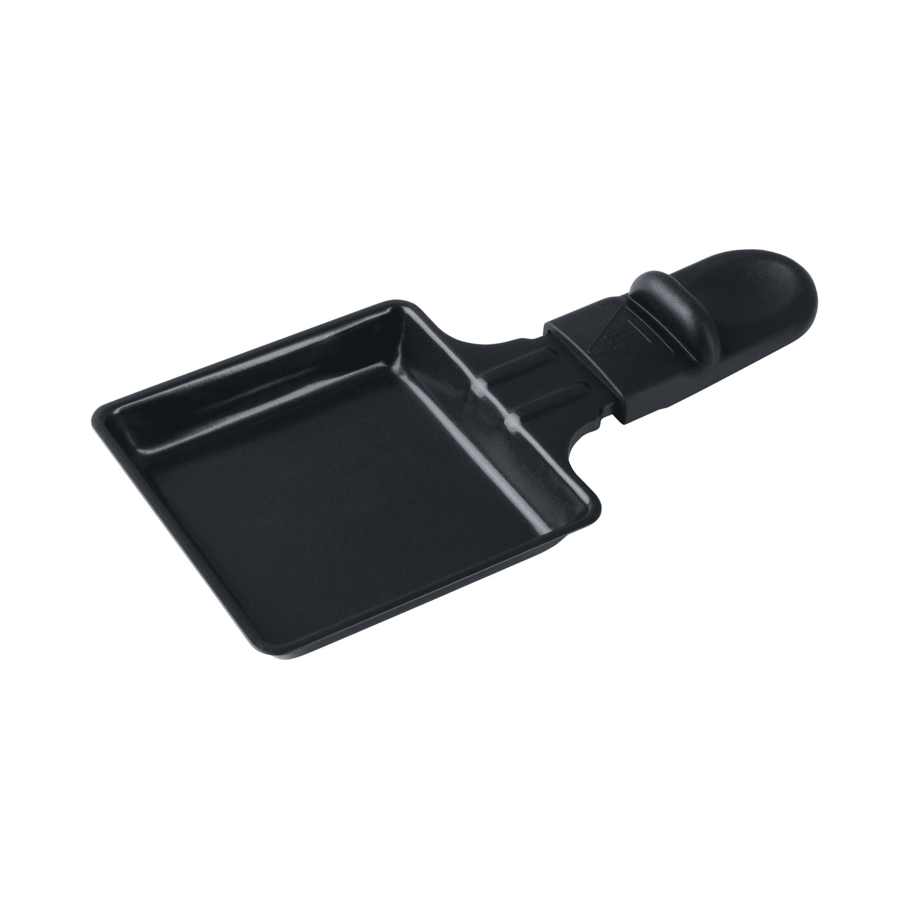 Schwarzes Raclette-Pfännchen mit ergonomischem Griff, ideal zum Schmelzen von Käse und Zubereiten von Beilagen.