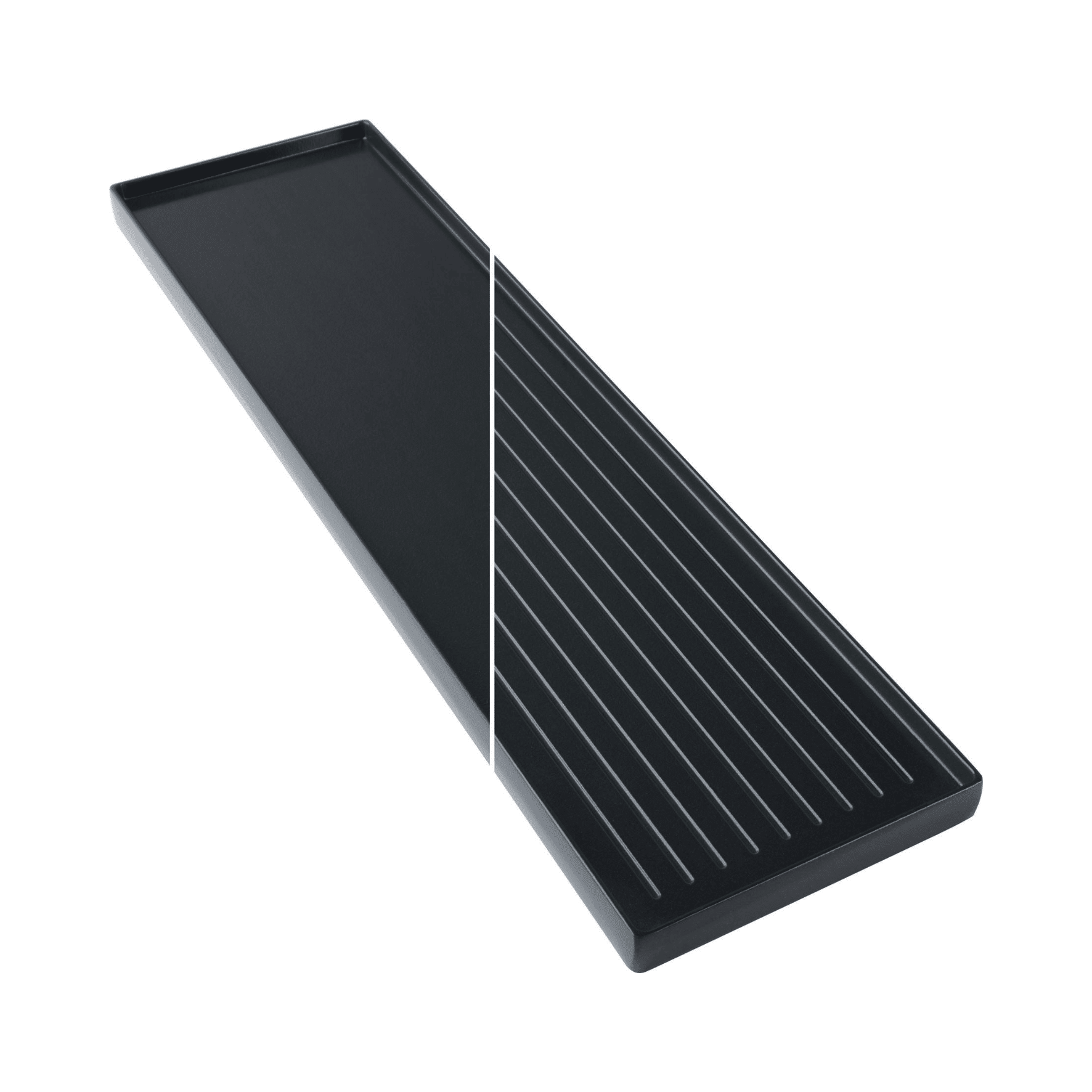 Schwarze Racletteplatte von Steba, rechteckig mit glatter und gerillter Oberfläche für vielseitige Grillanwendungen.