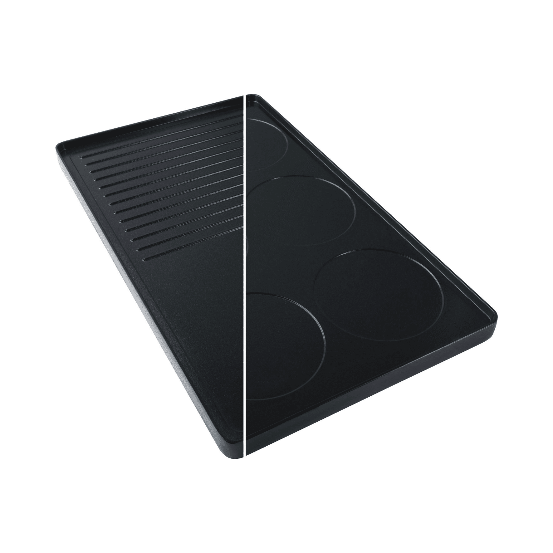 Zweiseitige Racletteplatte von Steba: eine Seite mit Rillen, die andere mit runden Vertiefungen für vielseitiges Kochen.