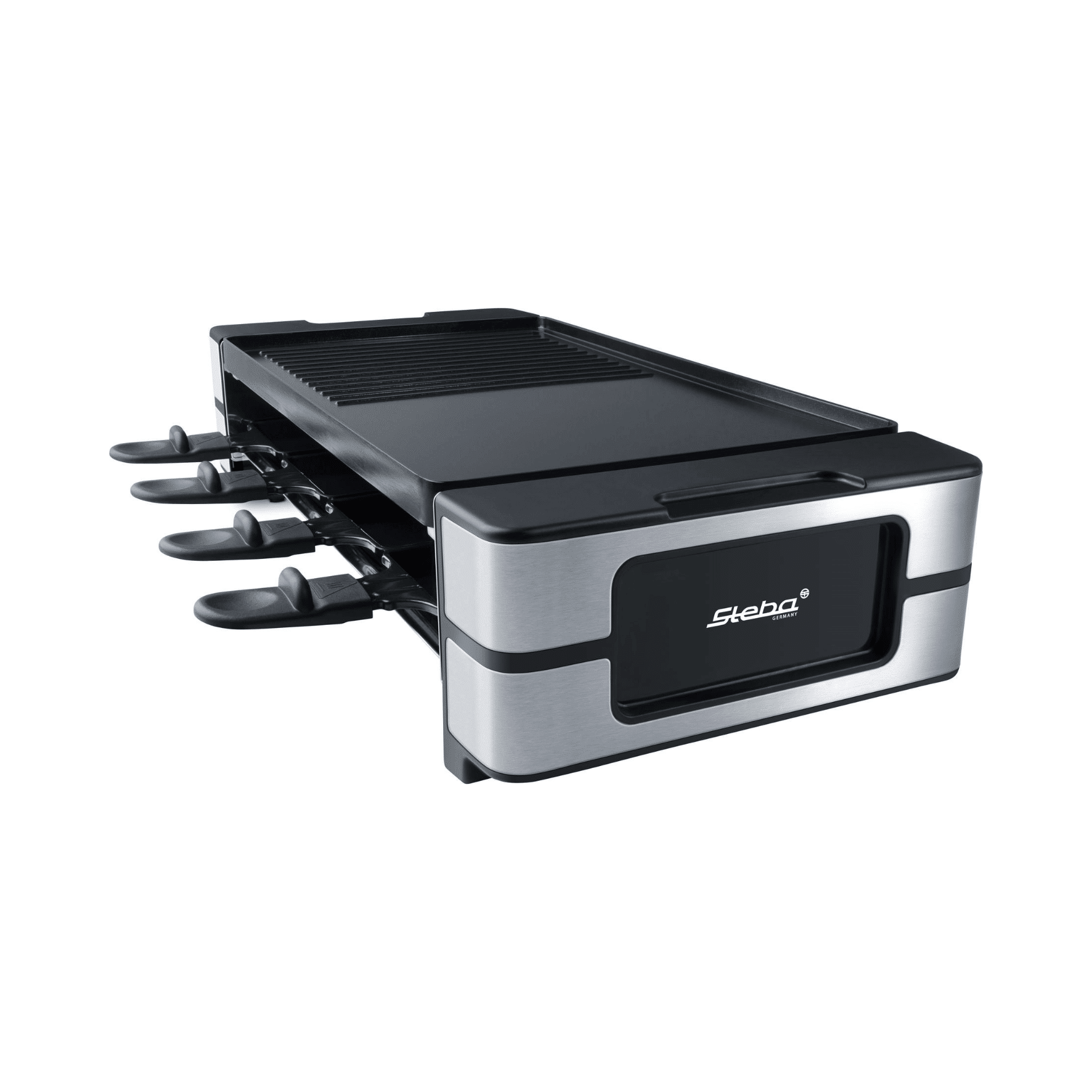 Steba Raclette-Grill RC180 mit Grillplatte und vier Pfännchen, edles Design in Edelstahloptik, ideal für gesellige Abende.