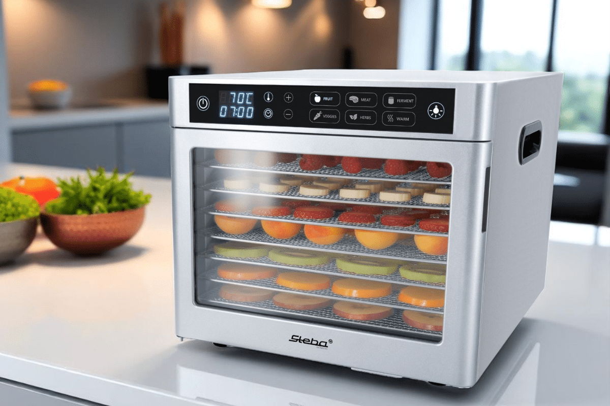 Elektronischer Dörrautomat ED 80 mit digitalem Display, mehreren Ebenen für Obst und Gemüse, in modernem Design.