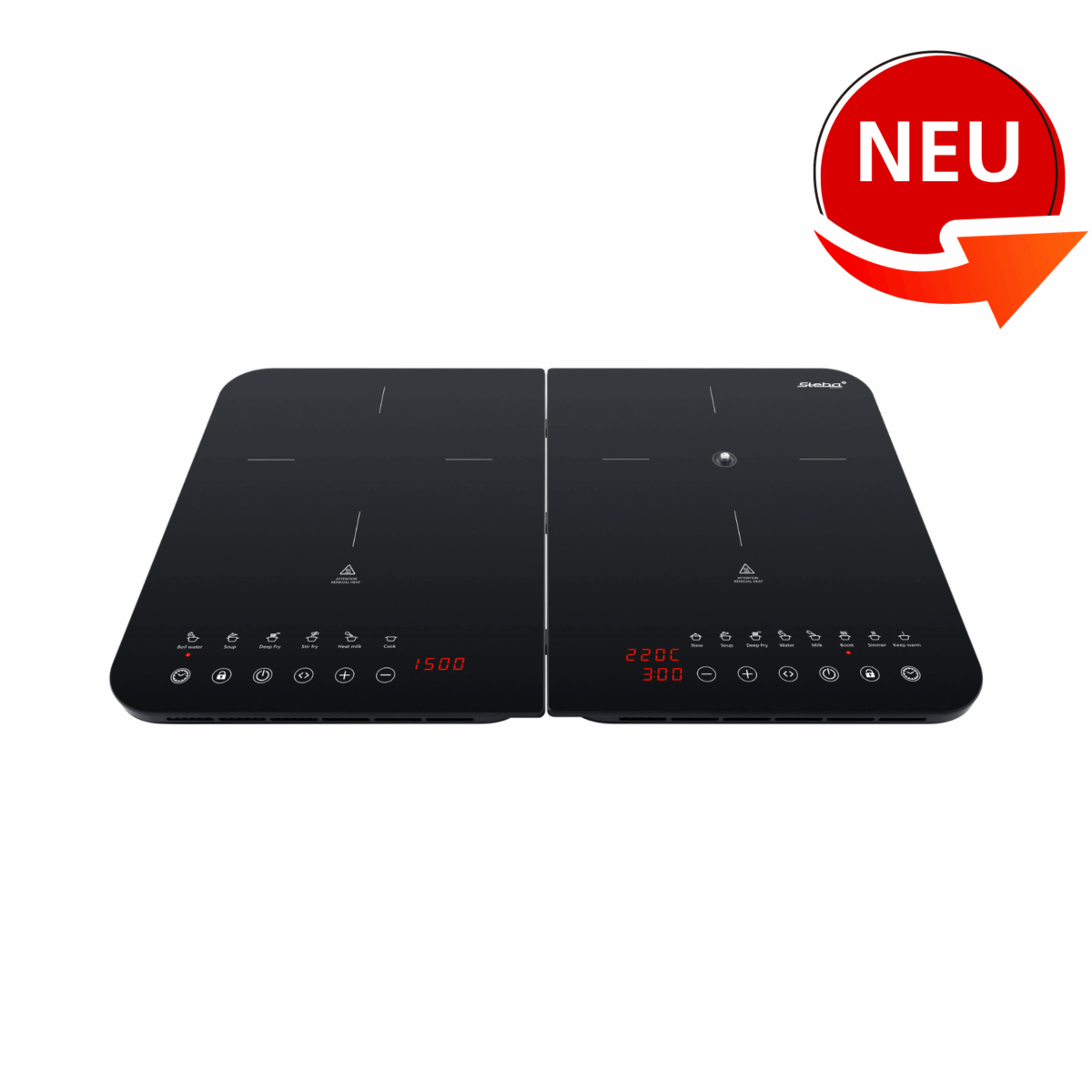 Induktionskochfeld von Steba mit zwei Kochzonen, digitalem Display und einer Leistung von bis zu 1500 W. Neu und modern.