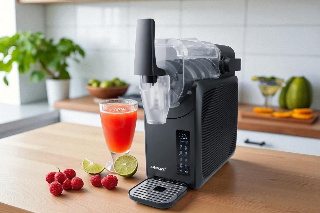 Slush-Maker FDM 2 von Steba auf Küchenarbeitsplatte, daneben ein Slush-Getränk mit Himmbeeren und Limette, unscharfer Küchenhintergrund.