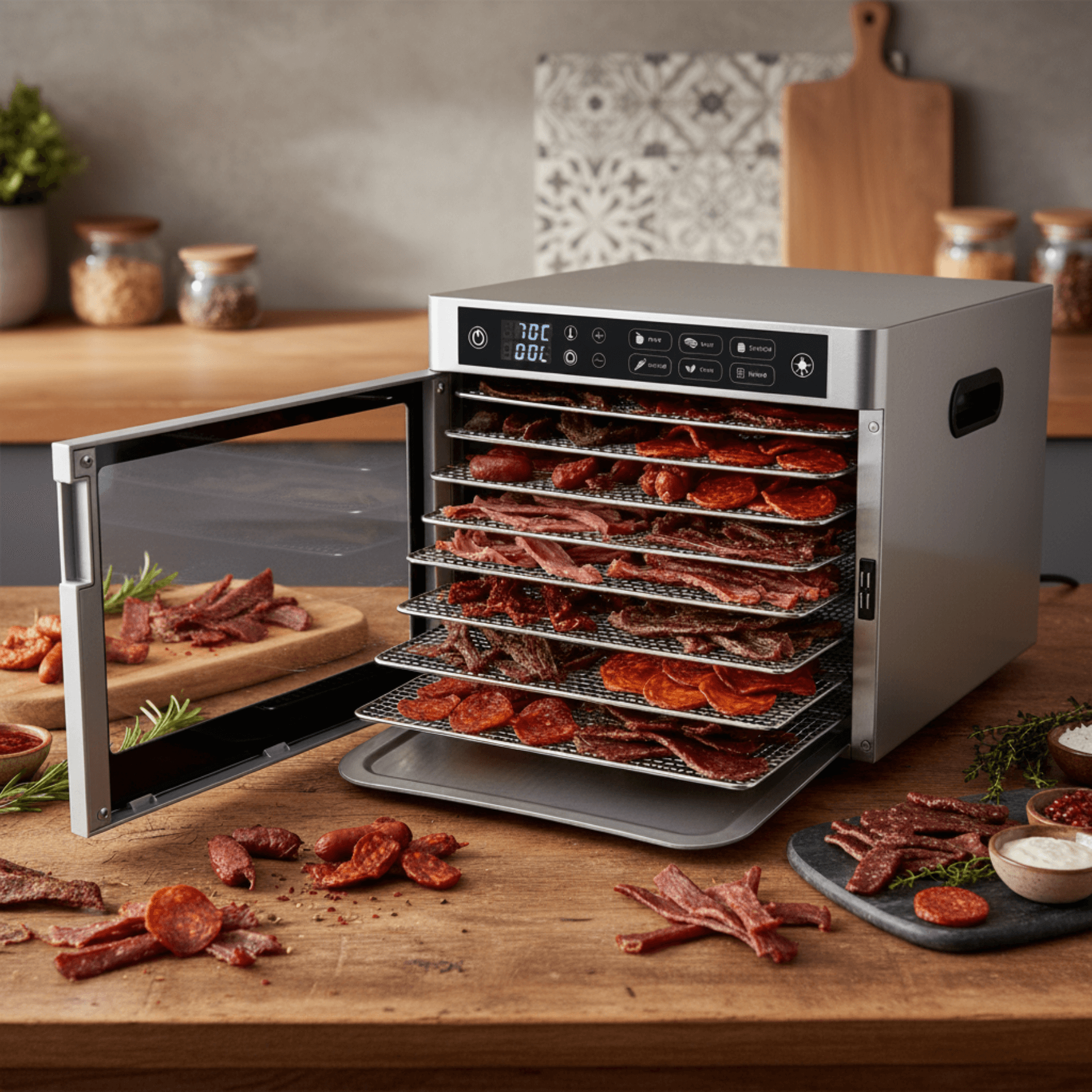 Dörrautomat von Steba mit mehreren Einschüben, gefüllt mit getrocknetem Fleisch und Wurst. Digitale Steuerung sichtbar.